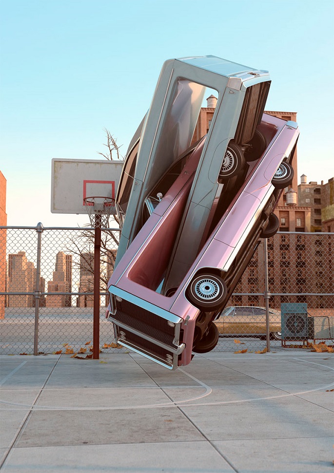 “In his series “Auto Aerobics,” Chris Labrooy turns old school low riders into the building blocks of his digital artworks.”
