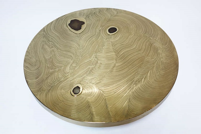 “Fernand Dresse designs brass etched cocktail tables features many times Agate stone.”
