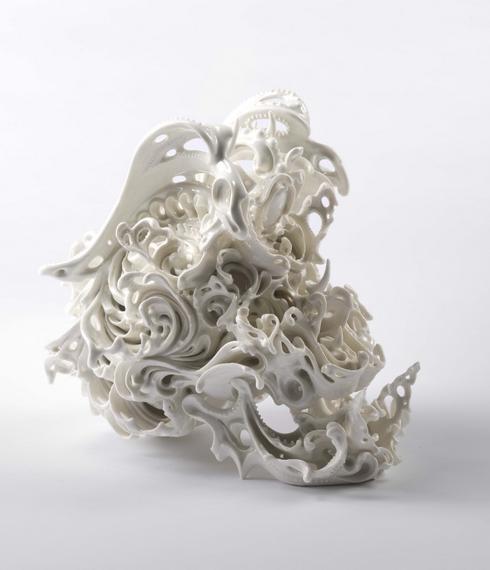 "Katsuyo Aoki is a ceramic artist best known for her ceramic sculptures that apply delicate, swirling forms to dark subject matter."