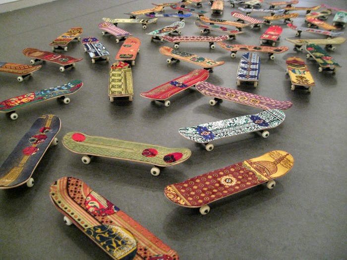 Several prayer rugs used by Muslims during the Islamic prayers have been deconstructed by Moroccan-born artist Mounir Fatmi to create artistic skateboards.