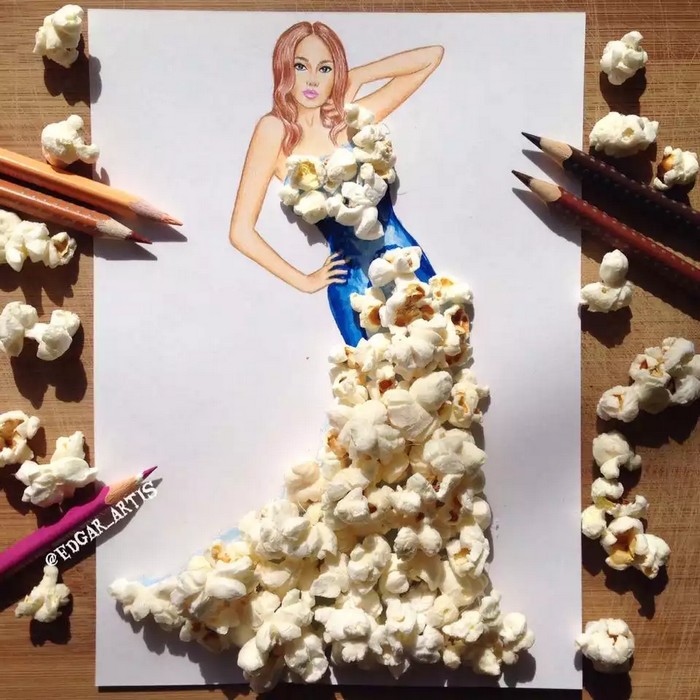 Armenian fashion illustrator Edgar Artis uses stylized paper cut outs and everyday objects to create mesmerising dresses.