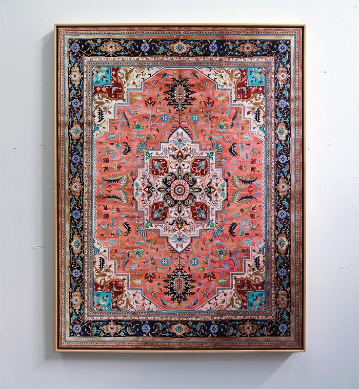 Using the acrylic and ink, Jason Seife transfers the pattern of traditional Persian carpets on the canvas making hand-painted rugs for the wall.